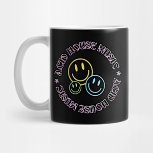 ACID HOUSE  - Circular Font With 3 Smileys (pink/blue/yellow) Mug